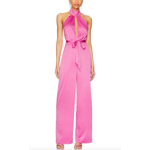 Revolve Pink Satin Jumpsuit MEDIUM Cutout Wide Leg Cocktail More to Come $88 NEW - Picture 1 of 7